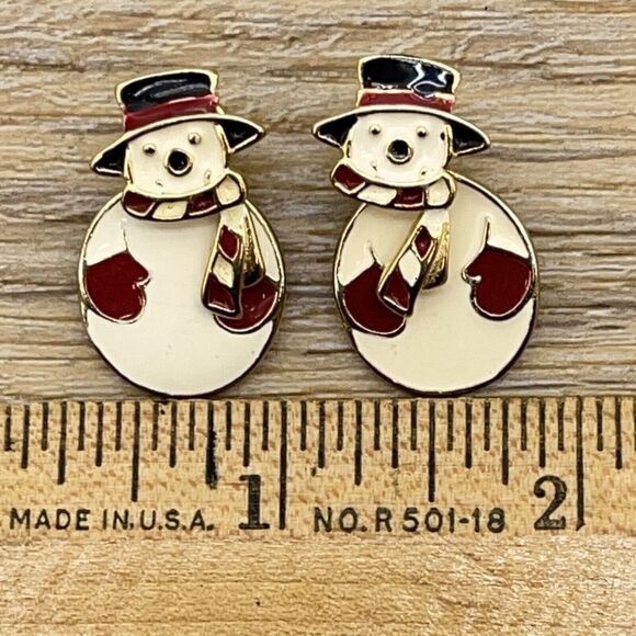 Frosty The Snowman Earrings Gold Tone Red / White Enamel Holiday Ear Pierced - Picture 4 of 4